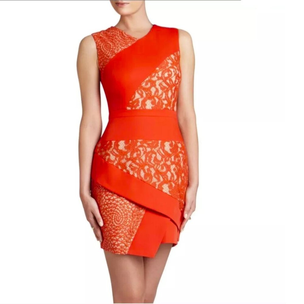 BCBG MaxAzria Lace Mini Dress Nude Lining Asymmetrical Cocktail Party Size 10